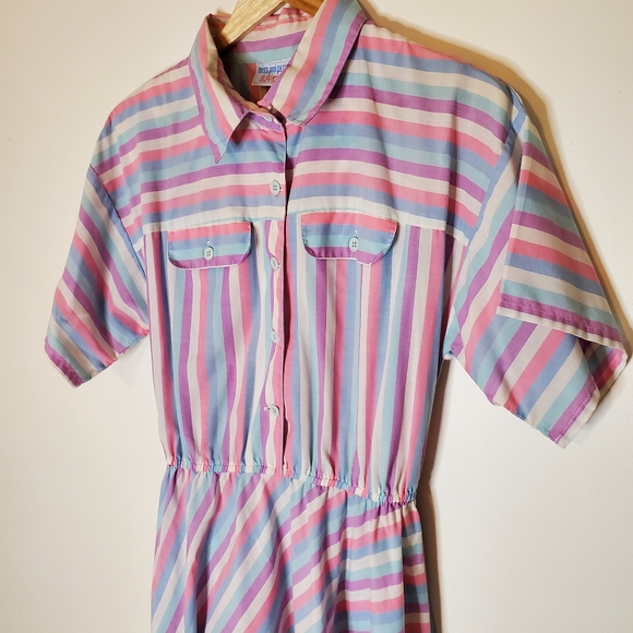Pink Bubblegum White, Blue and Purple Striped 80s Short Sleeve Shirt Dress - Picture 9 of 15